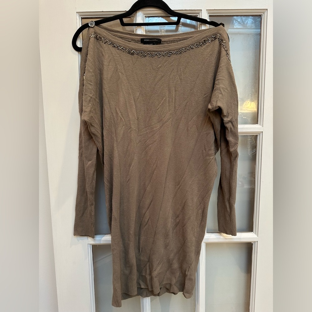 Vintage BCBGMAXAZRIA Y2K Chic Taupe Brown Sequin Beaded Wool Sweater Size XL